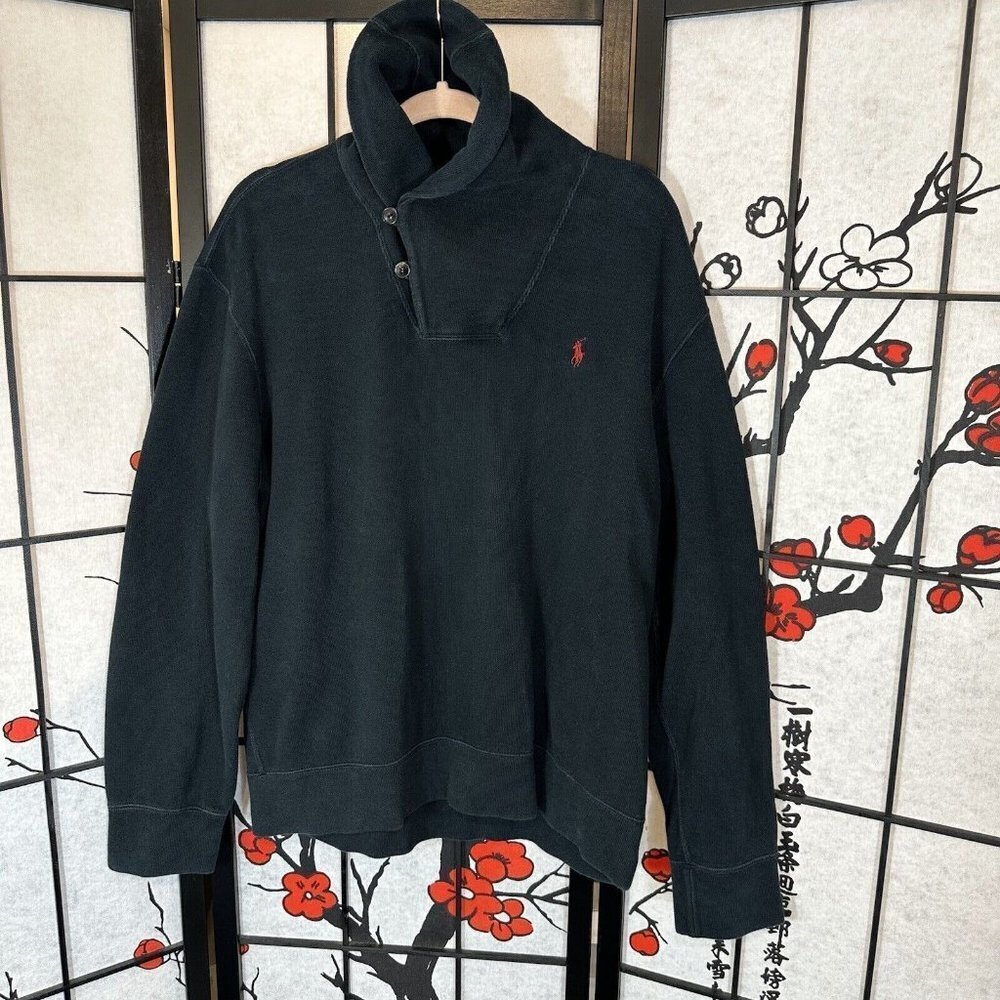 Polo Ralph Lauren Sweater Mens XL Black Cowl Neck Pullover 2 Button thick heavy